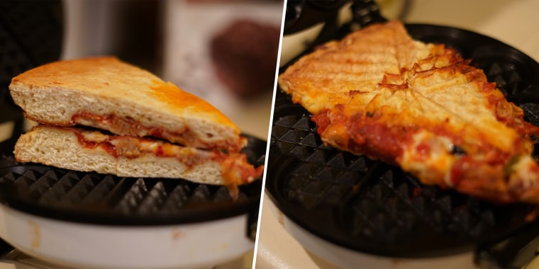 Before and after waffling the frozen pizza.