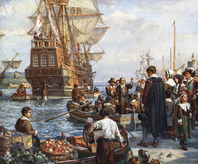Pilgrim Fathers boarding the Mayflower.