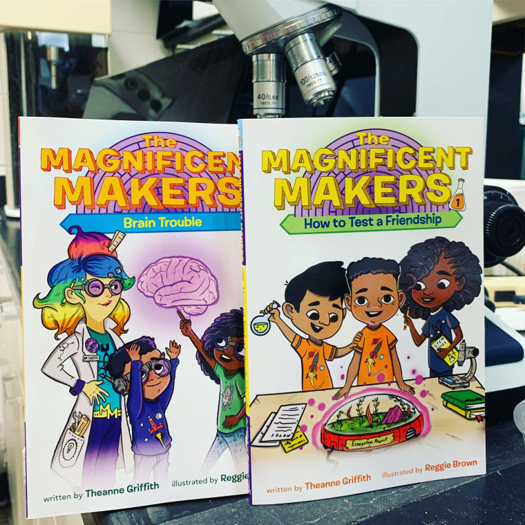 "The Magnificent Makers" books with microscope in background