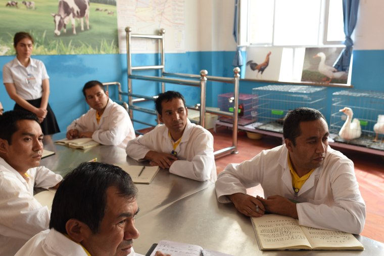 Image: Uighurs attend a class at Moyu County Vocational Education and Training Center.