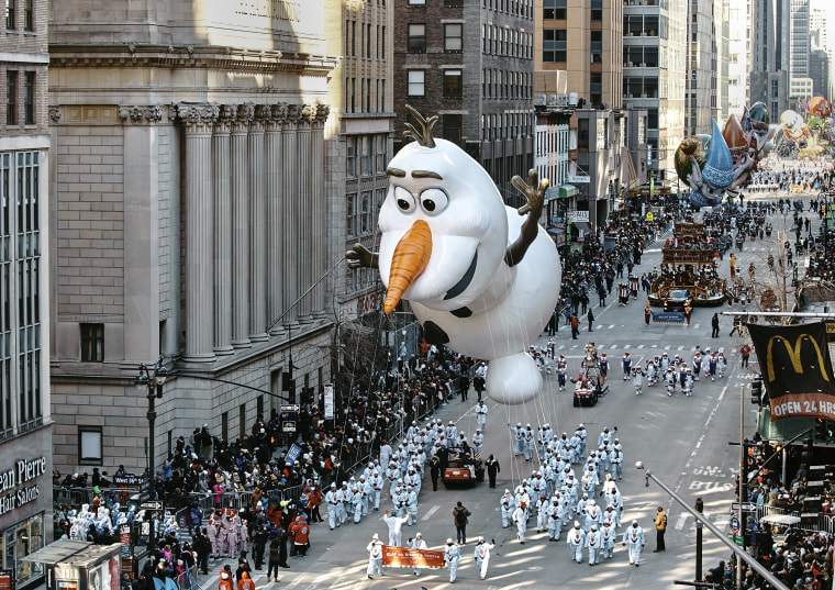 The Olaf balloon moves through Sixth Avenue during the Macy's Thanksgiving Day Parade in New York on Nov. 22, 2018.