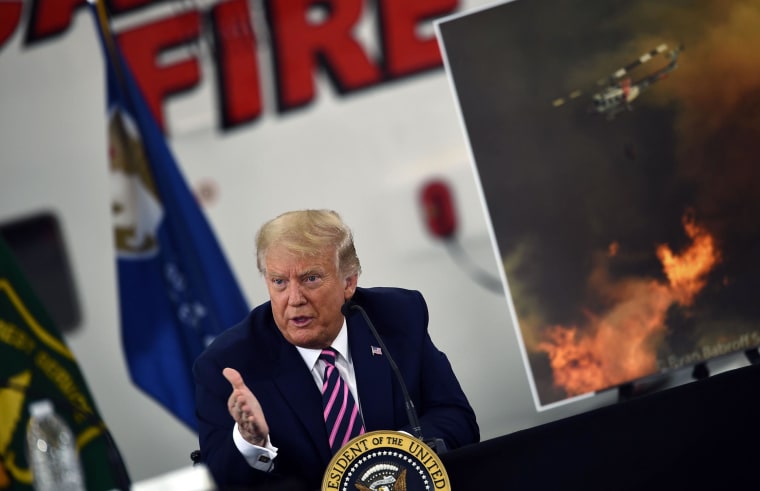 Image: President Donald Trump speaks during a briefing on wildfires with local and federal fire and emergency officials at Sacramento McClellan Airport in McClellan Park, CA