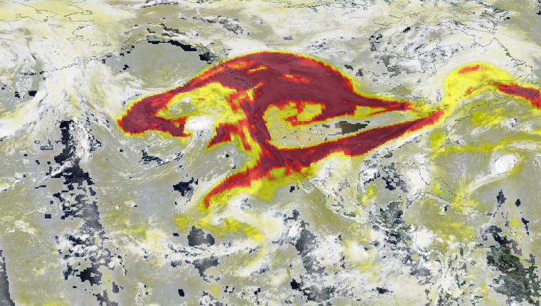 The high aerosol index over the U.S. as a result of fires in the western U.S. on Sept. 13. Red areas indicate heavy concentrations of aerosols that could reduce visibility or impact human health.