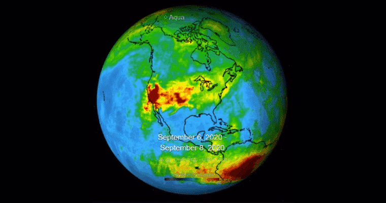This visualization shows a three-day average of carbon monoxide concentrations, from Sept. 6 to 14, 2020, in the atmosphere over California due to wildfires.