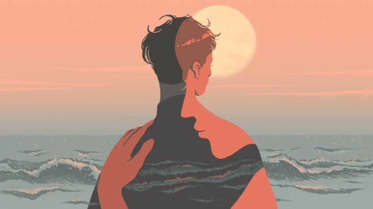 Image: A person, looking at ocean waves and a setting sun, is comforted by a spiritual figure.
