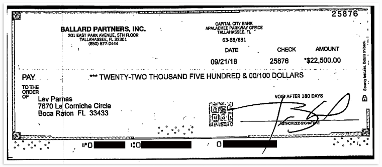 A check from Ballard Partners to Lev Parnas.