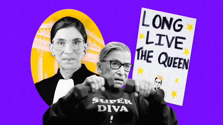 Image: Ruth Bader Ginsburg as a Supreme Court Justice; RBG working out with weights and a protest sign that reads \"Long Live the Queen\"