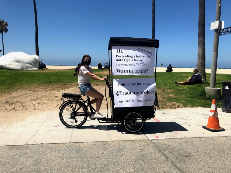 In one of her most niche trades, Skipper received an electric bike food cart. To test it out, she rode it near the beach and those familiar with her account flocked to her with excitement. Skipper told TODAY that the man behind the camera in all of her videos is her husband, Bobby Sudekum. She added that while he tries to help find viable trades, he has yet to land any.