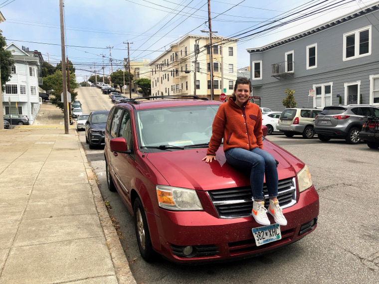 Skipper sits on top of the minivan she received after trading away an iPhone 11 Pro Max. When she discovered it would not start, she was willing to trade for anything. 