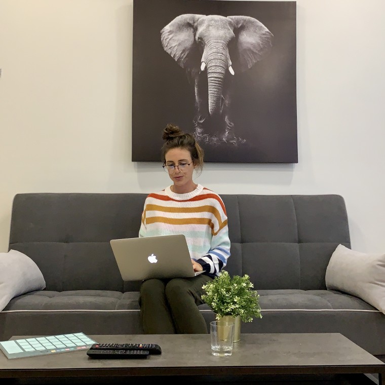 working from home in my KIRUNDO striped sweater