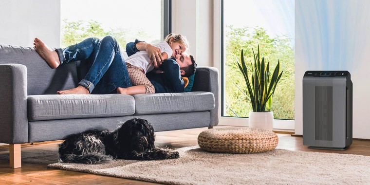 father and child in living room with air purifier and dog