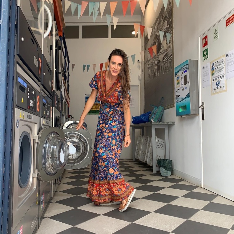 wearing my bohemian wrap dress while doing laundry