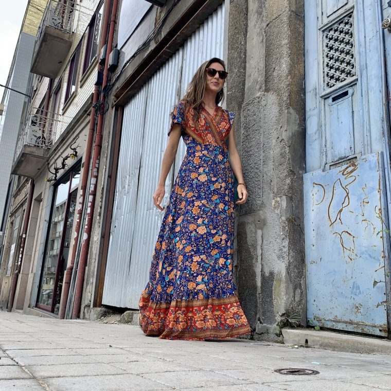 wearing my bohemian wrap dress on the street in Porto
