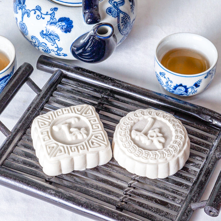 Snow skin mooncakes, like the two pictured, are no-bake pastries.