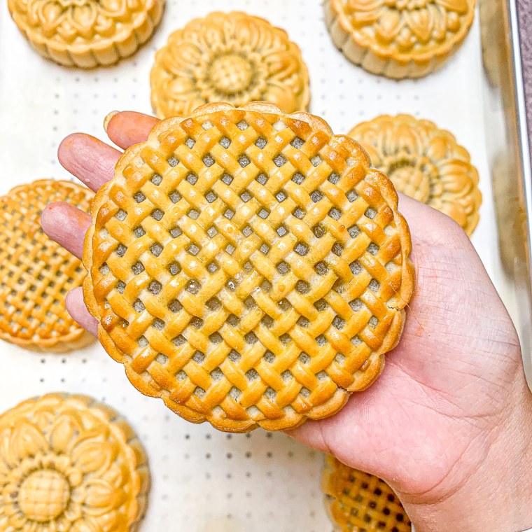One of Nuyen's baked mooncakes with a nontraditional pressed lattice pattern.