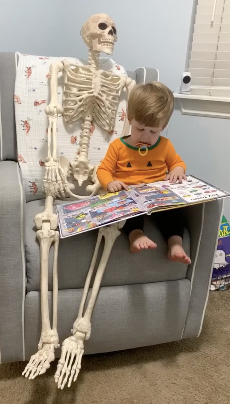 Benny the skeleton spends his nights propped up in a chair in 2-year-old Theo's bedroom.