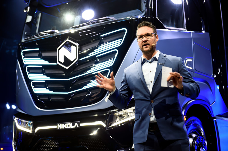 Image: CEO and founder of U.S. Nikola, Trevor Milton speaks during presentation of its new full-electric and hydrogen fuel-cell battery trucks in partnership with CNH Industrial, at an event in Turin, Italy