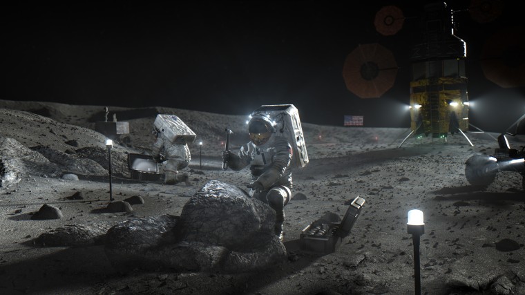 An artist's depiction of astronauts working on the moon as part of NASA's Artemis program.