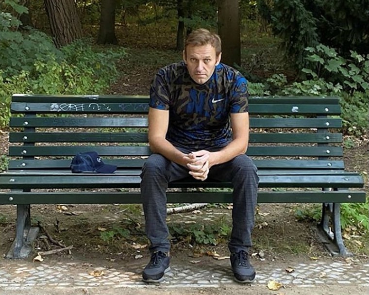 Image: Russian opposition politician Alexei Navalny sits on a bench in Berlin, Germany.