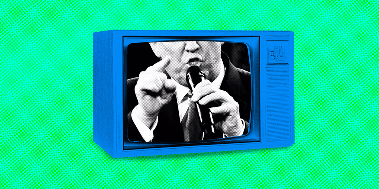 Image: Photos of Donald Trump and Joe Biden flash on a vintage blue television on a retro green background.