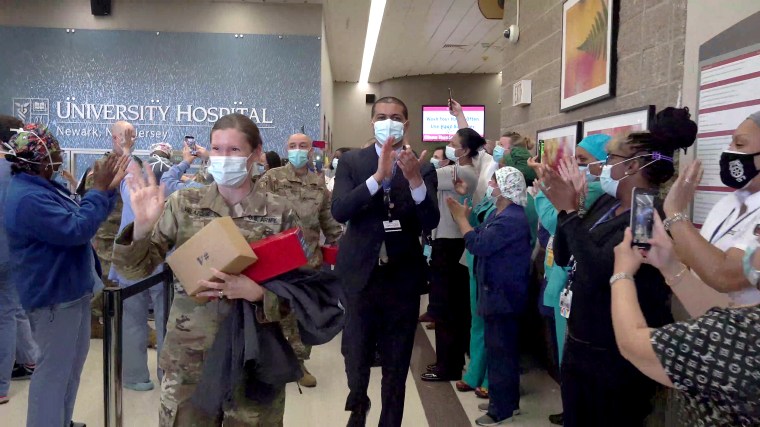 Dr. Shereef Elnahal and staff at University Hospital in Newark, saying goodbye to the U.S. Army health care workers who helped with patient load during the peak of the pandemic in May.