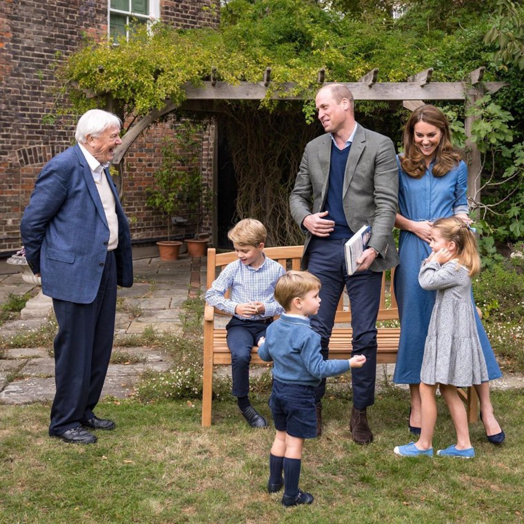 The Duke and Duchess of Cambridge with their three children and Sir David Attenborough.