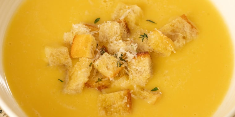 Acorn Squash Soup with Parmesan and Herb Croutons