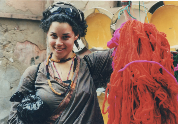 Justina Blakeney shopping for yarn in Italy. The designer said living abroad in her 20s was a "formative" time in her life. 