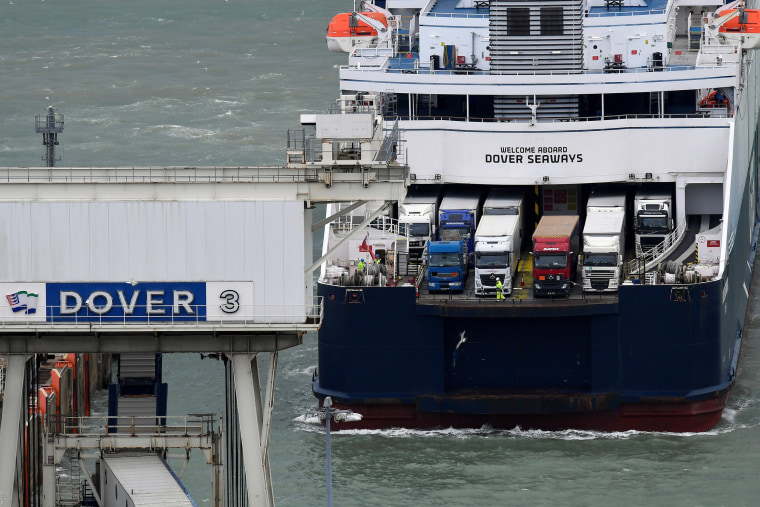 Image: Lorries on a cross channel ferry arriving from France at the Port of Dover, in Dover