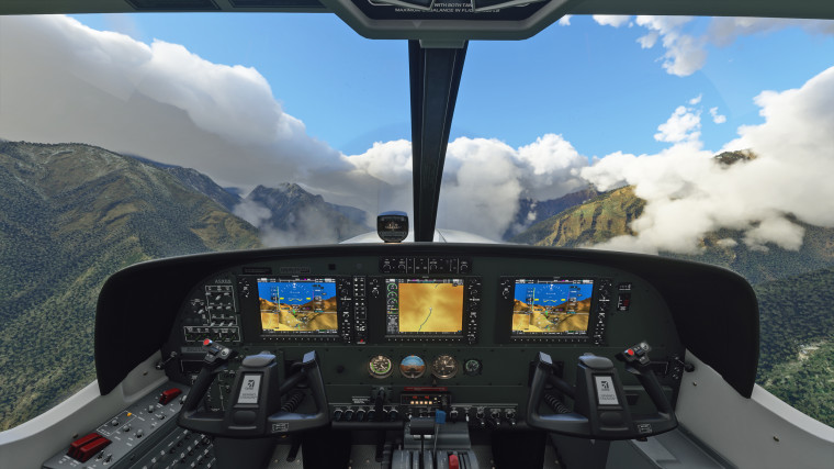 A still from "Microsoft Flight Simulator" inside the cockpit.