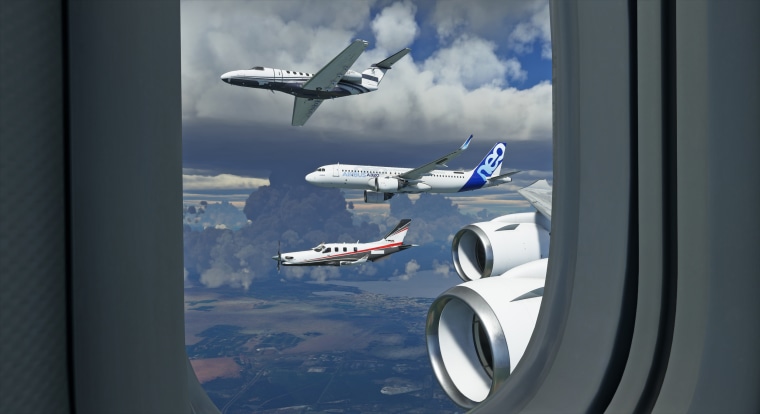 A still from "Microsoft Flight Simulator" outside the airplane window.