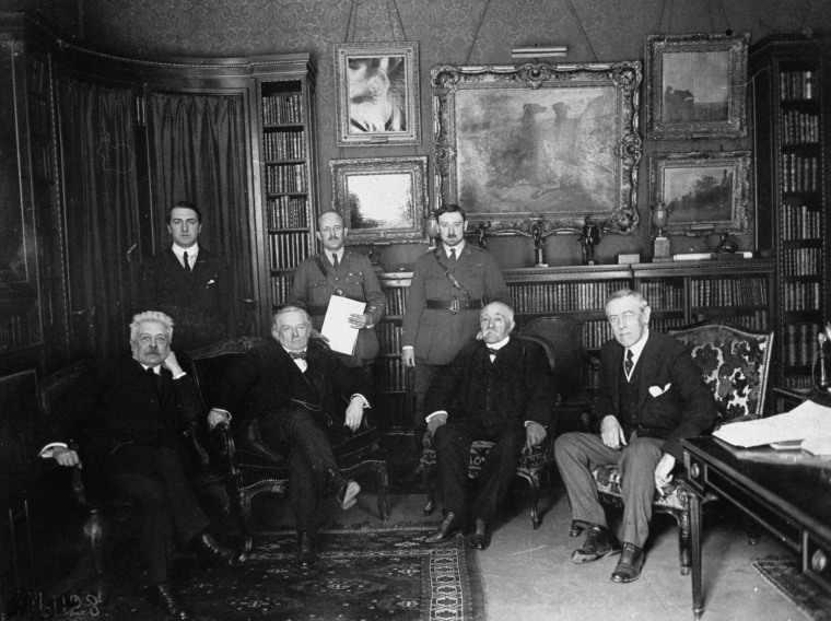 Peace Conference attendees Italian Premier Vittorio Orlando, British PM David Lloyd George, French Prime Minister Georges Clemenceau and U.S. President Woodrow Wilson at Wilson's Paris home prior to the signing of the Versailles Treaty.