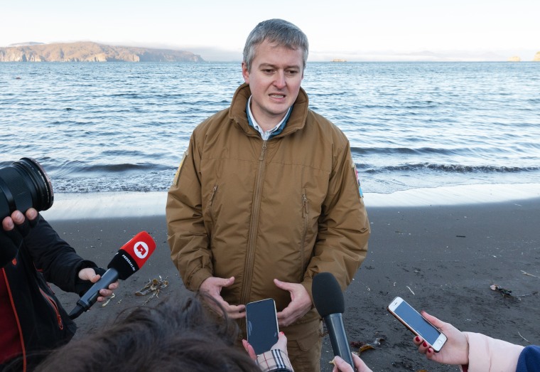 Governor Vladimir Solodov speaks on the Avacha Bay coast, in Russia's Kamchatka Region, on Sunday.