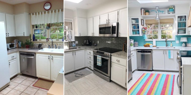 The evolution of Osborn's kitchen: After they first purchased the house in 2014, the original kitchen (left) needed some work. They then did a small remodel in 2015 with new counters and a gray subway tile backsplash (middle), and finally went for a bolder blue backsplash in 2020 (right).