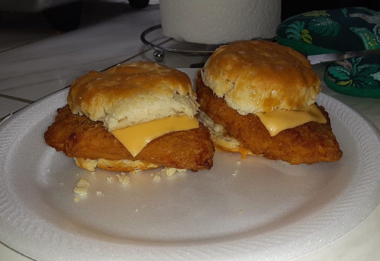 Jessica O'Sullivan, a member of the RBC Facebook group, enjoys her red bag chicken on biscuits with cheese and Chick-fil-A sauce.