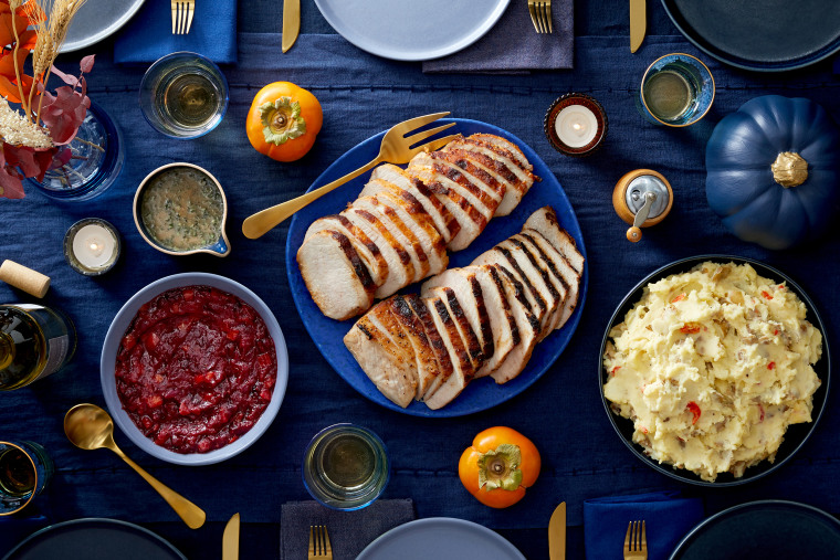 The meal kit includes an easy-to-follow recipe for a boneless, spiced roasted turkey breast as well as pimento cheese-style mashed potatoes, sage gravy, cranberry relish and more.