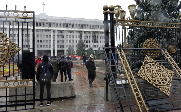 Image: Protesters gather in front of the government headquarters on the central square in Bishkek, Kyrgyzstan
