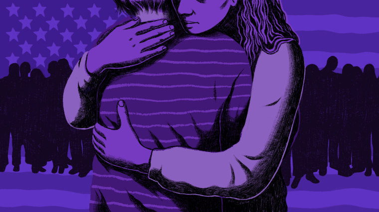 Image: Two people hug as silhouettes grieve together on dark purple American flag background.