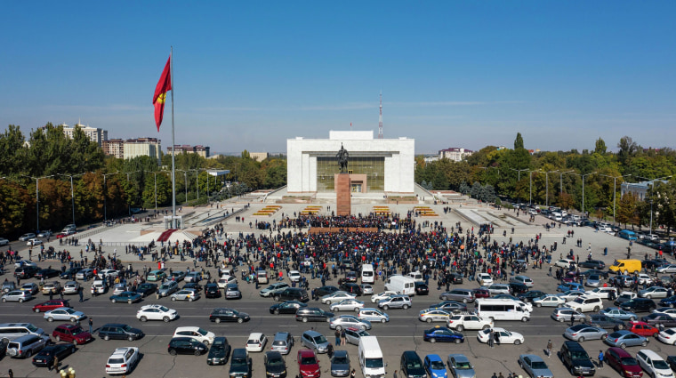 Protesters take part in a rally against the appointment of opposition politician Sadyr Japarov as the country's new prime minister, at Ala-Too Square, in Bishkek, Kyrgyzstan.