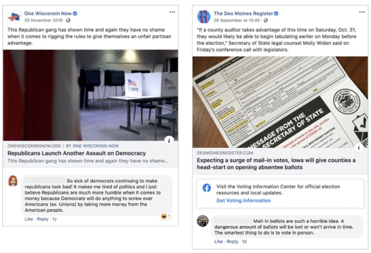 Screenshots of comments that Facebook says came from fake accounts.