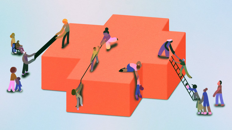 Illustration of people of color trying to climb a three-dimensional hospital cross.
