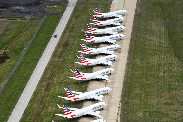 Image: FILE PHOTO: American Airlines 737 max passenger planes are parked on the tarmac at Tulsa International Airport in Tulsa