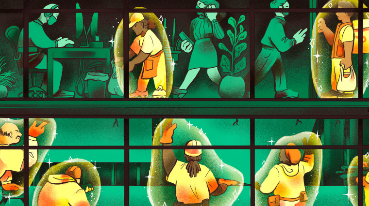 Illustration of workers inside an office building, certain people are highlighted in yellow with a protective bubble surrounding them.