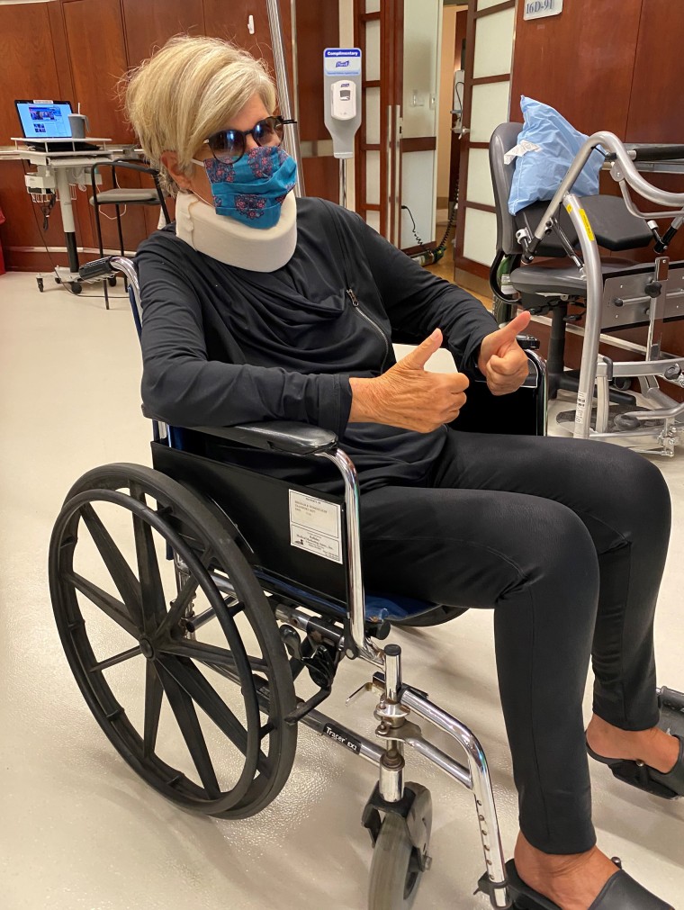 Suze Orman leaving the hospital in July 2020, after surgery to remove a tumor from her spine.