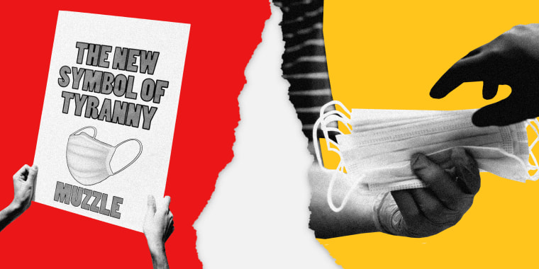 Image: A protester holds a sign that reads \"The new symbol of tyranny, muzzle\" with a photo of a mask on a red paper background; A gloved hand hands a stack of face masks to another gloved hand on a yellow background.