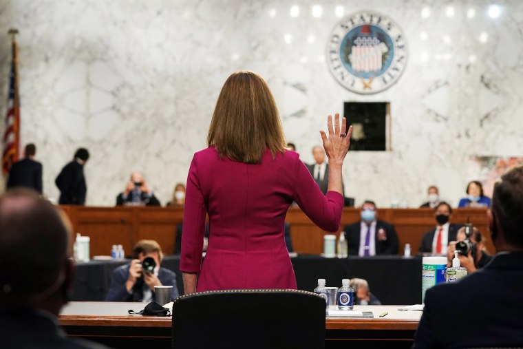 Image: Supreme Court nominee Judge Amy Coney Barrett is sworn into her Senate Judiciary Committee confirmation hearing on Capitol Hill on Oct. 12, 2020