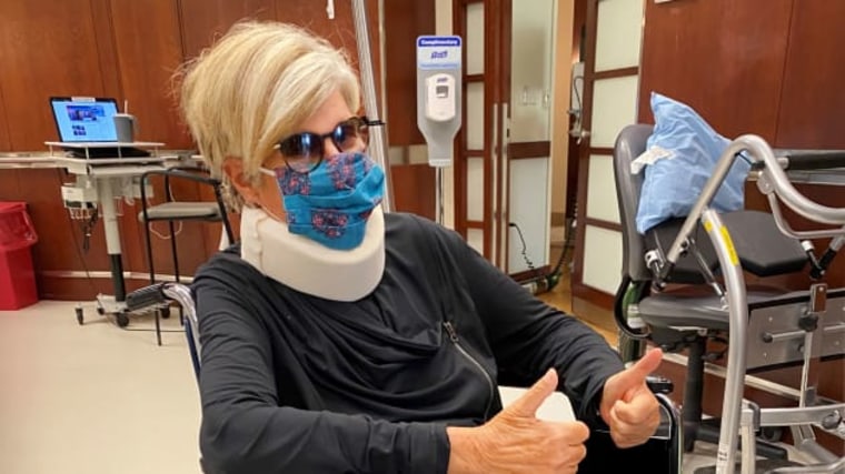 Suze Orman leaving the hospital in July 2020, after surgery to remove a tumor from her spine.