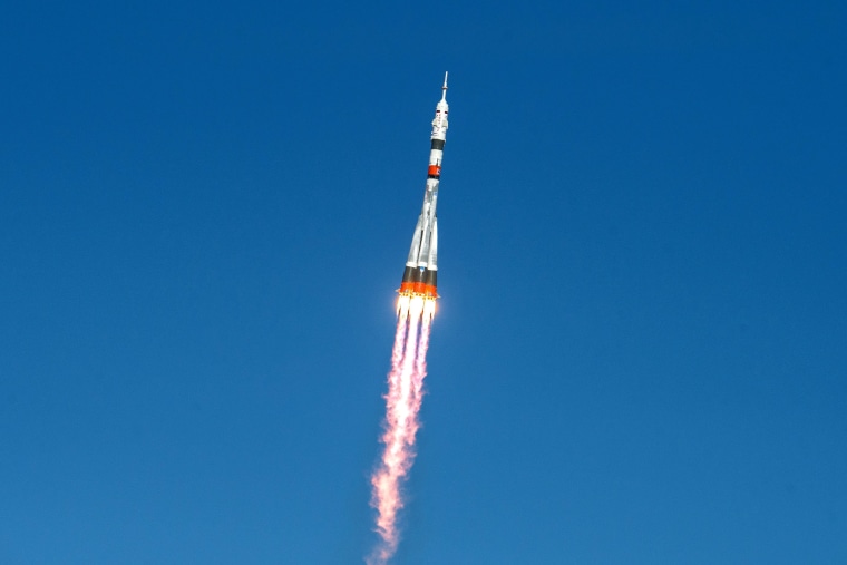 Image: The Soyuz MS-17 spacecraft carrying the crew formed of Kathleen Rubins of NASA, Sergey Ryzhikov and Sergey Kud-Sverchkov of the Russian space agency Roscosmos blasts off to the International Space Station (ISS) from the launchpad at the Baikonur Co