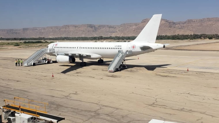 Image: A plane waits to transport Houthi prisoners 