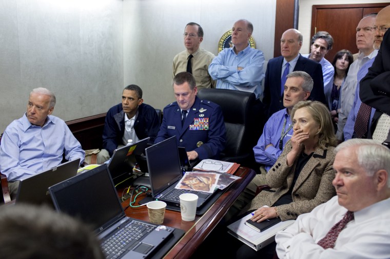Image: President Barack Obama and Vice President Joe Biden, along with members of the national security team, receive an update on the mission against Osama bin Laden in the Situation Room on May 1, 2011.